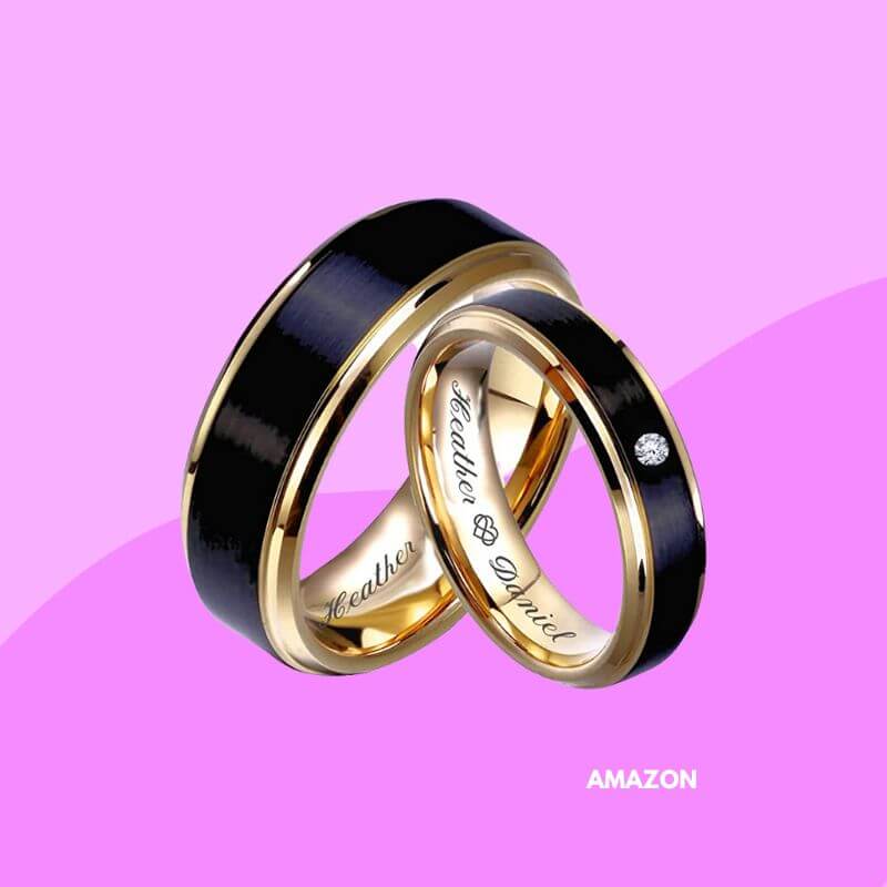 Personalized Black and Gold Stainless Steel Beveled Cut Couple's Ring Set