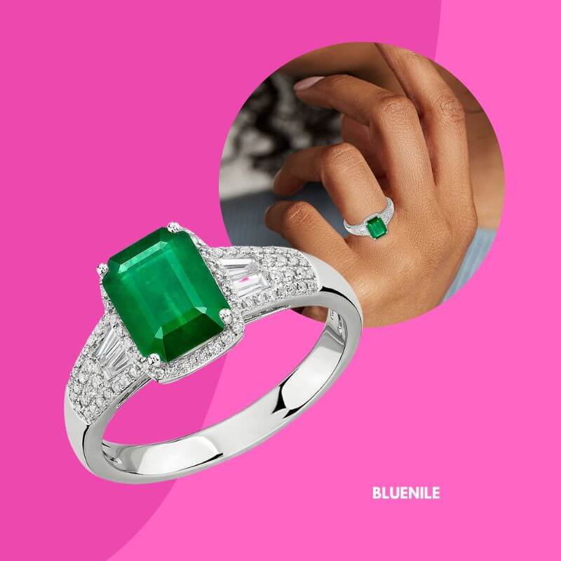 Emerald Ring with Diamond Baguette Accents