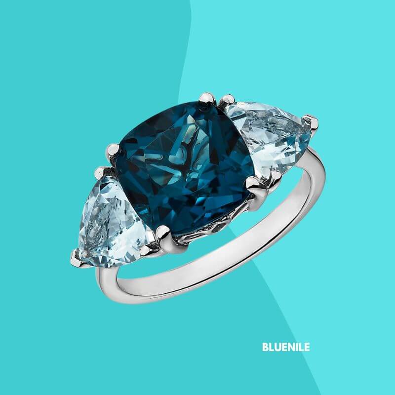 Cushion London Blue Topaz and Aquamarine Trillion Ring