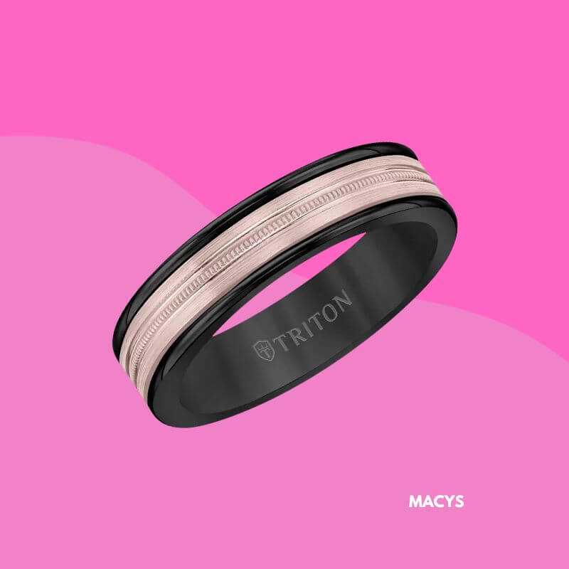 Black Tungsten Carbide Ring with 14K Rose Gold Milgrain Insert