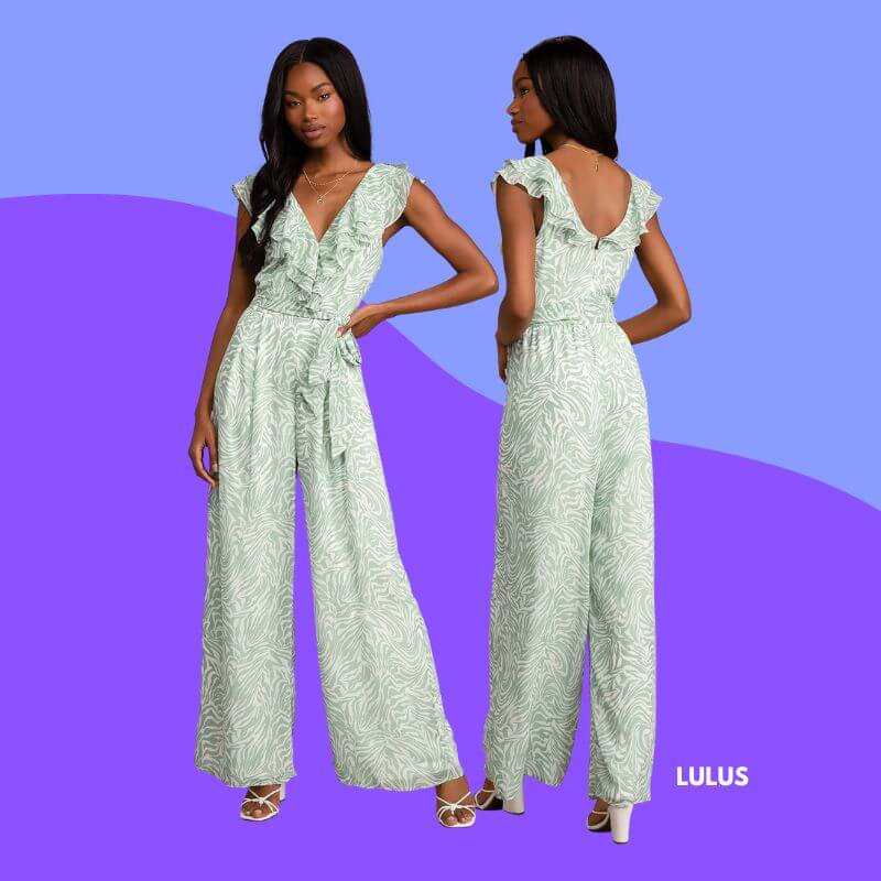 Sage Green Animal Print Ruffled Wide-Leg Jumpsuit