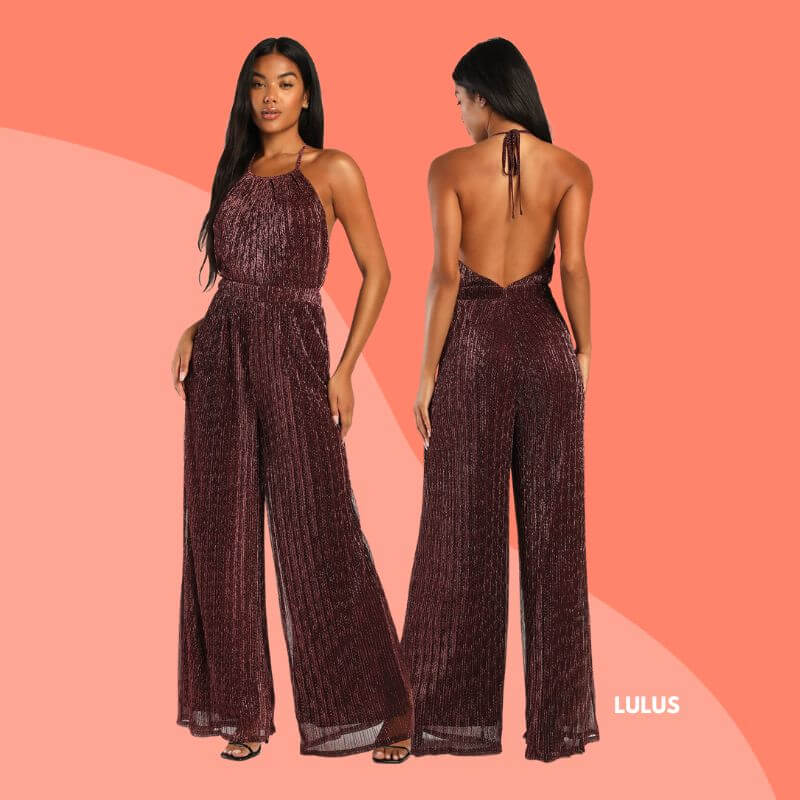 Shiny Plum Wide-Leg Halter Jumpsuit