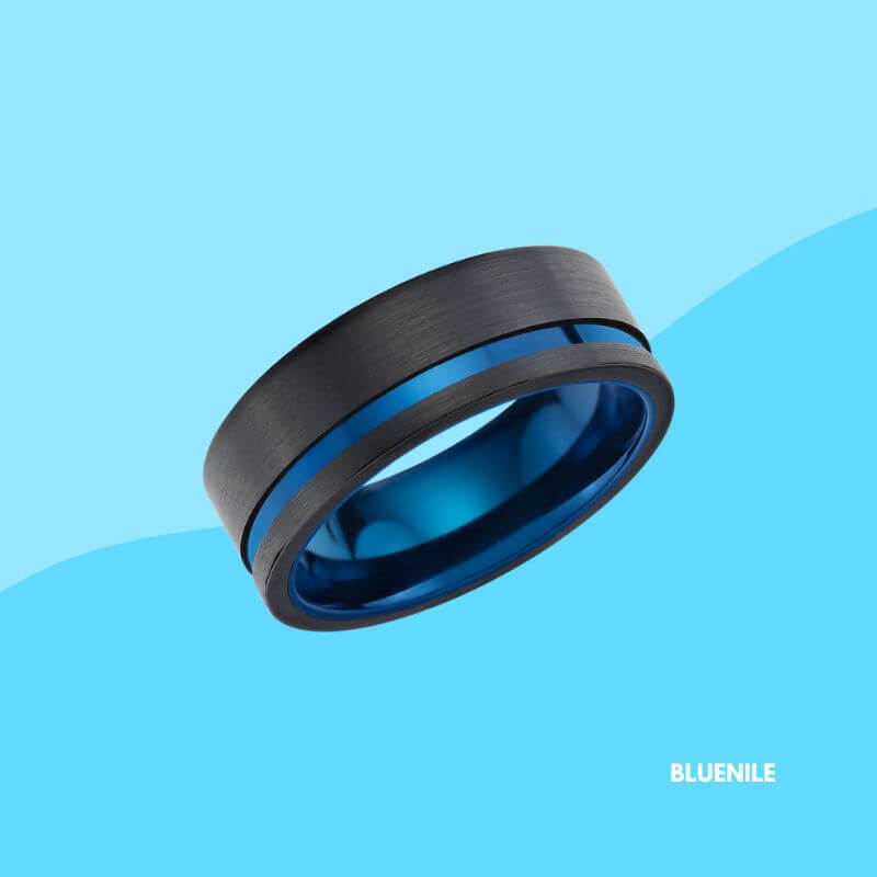 Asymmetrical Black and Blue Engraved Wedding Band