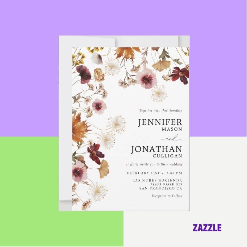 Burgundy Boho Fall Floral Photo Wedding Invitation