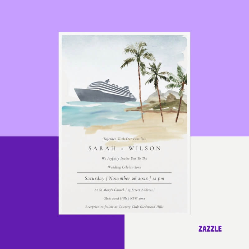 Tropical Seascape Beach Cruise Palm Wedding Invite