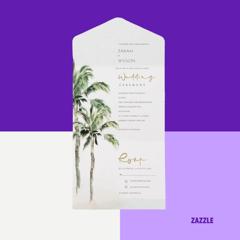 Tropical Beach Palm Trees Watercolor Wedding All In One Invitation